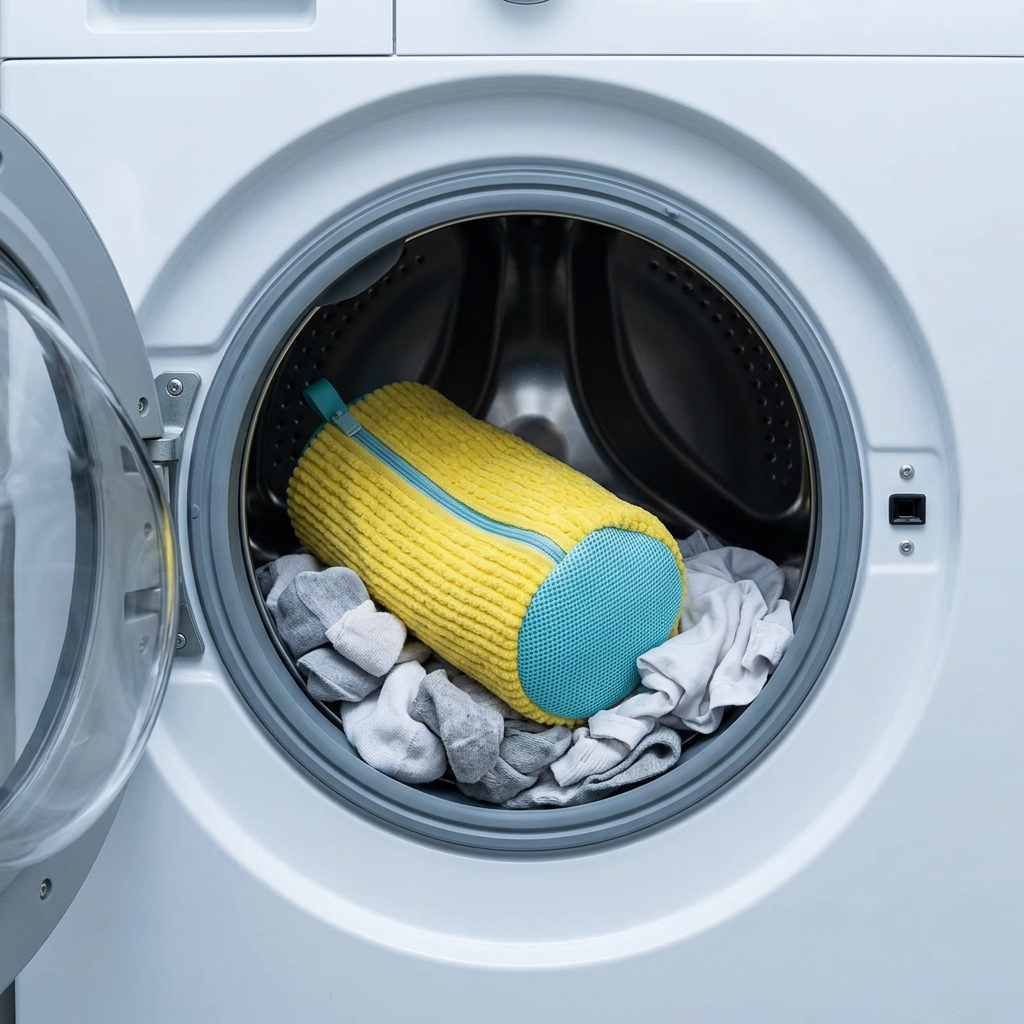 [Yellow] Seraveo shoe wash bag inside washing machine drum