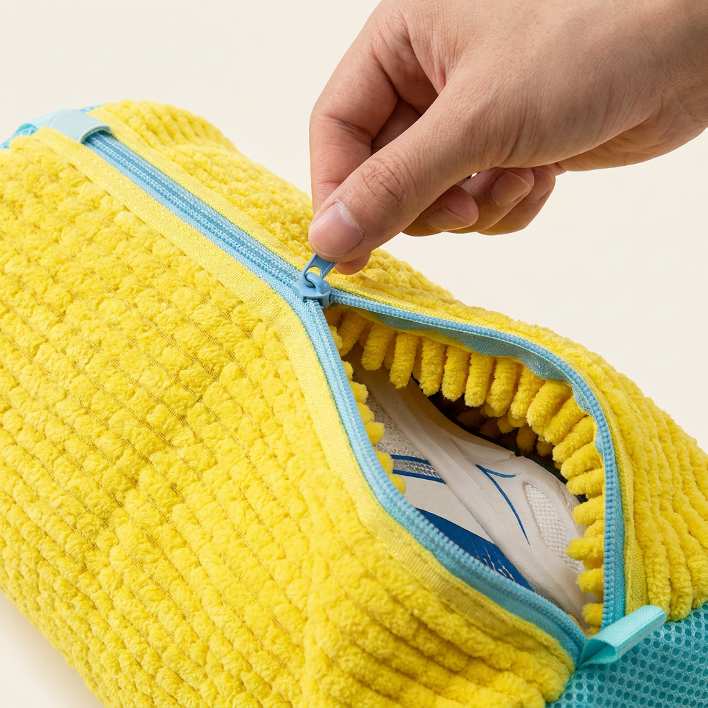 [Yellow] Seraveo shoe wash bag zipper opening detail with sneaker