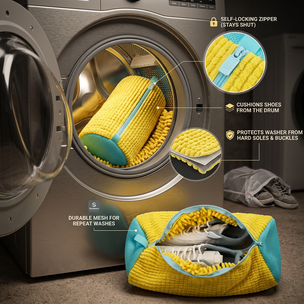 [Yellow] Seraveo shoe wash bag full feature infographic